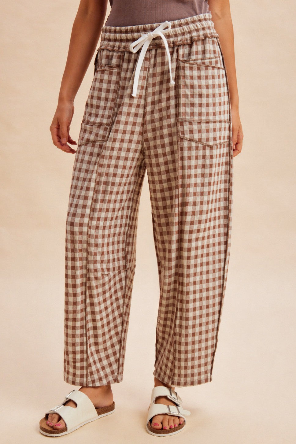 Mocha Gingham Barrel Leg Pants