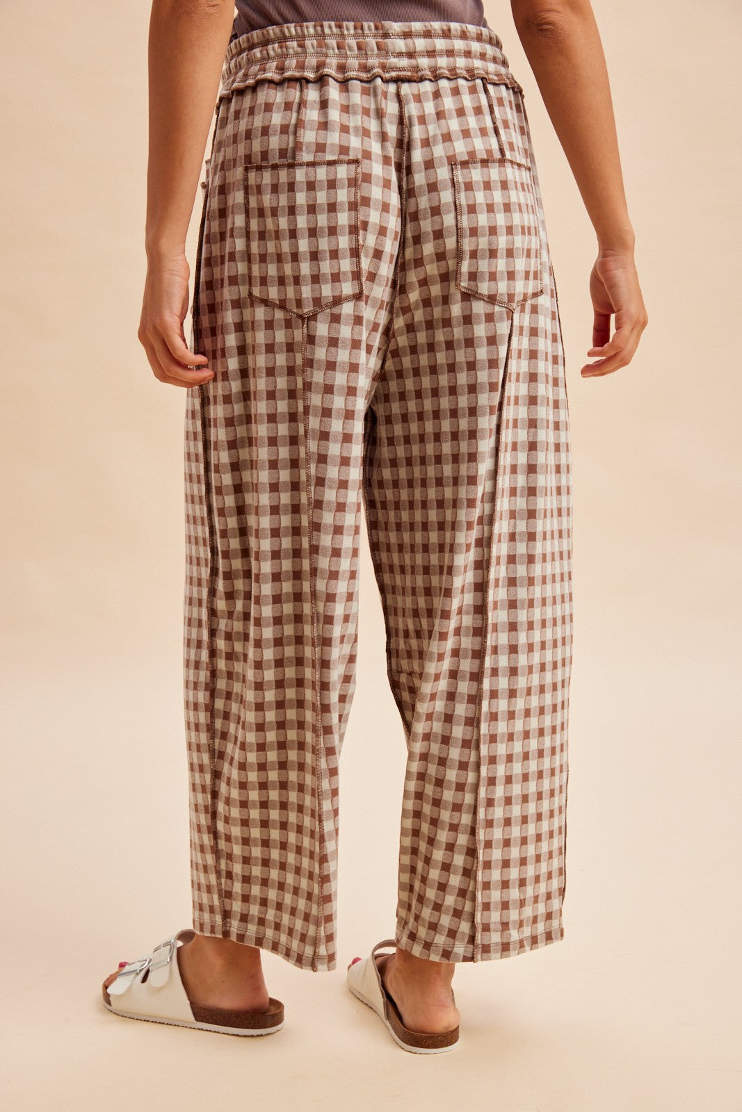 Mocha Gingham Barrel Leg Pants