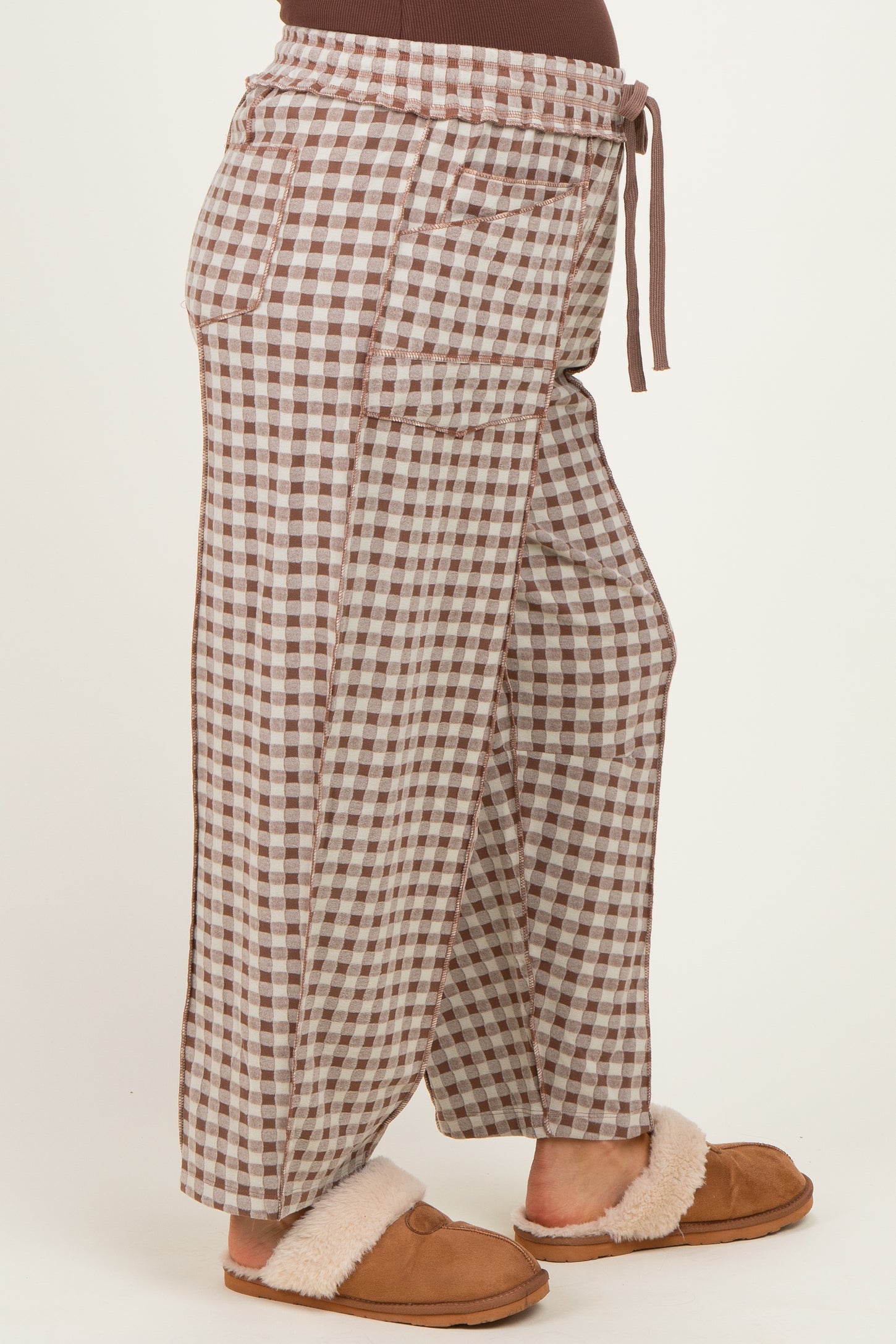 Mocha Gingham Barrel Leg Maternity Pants