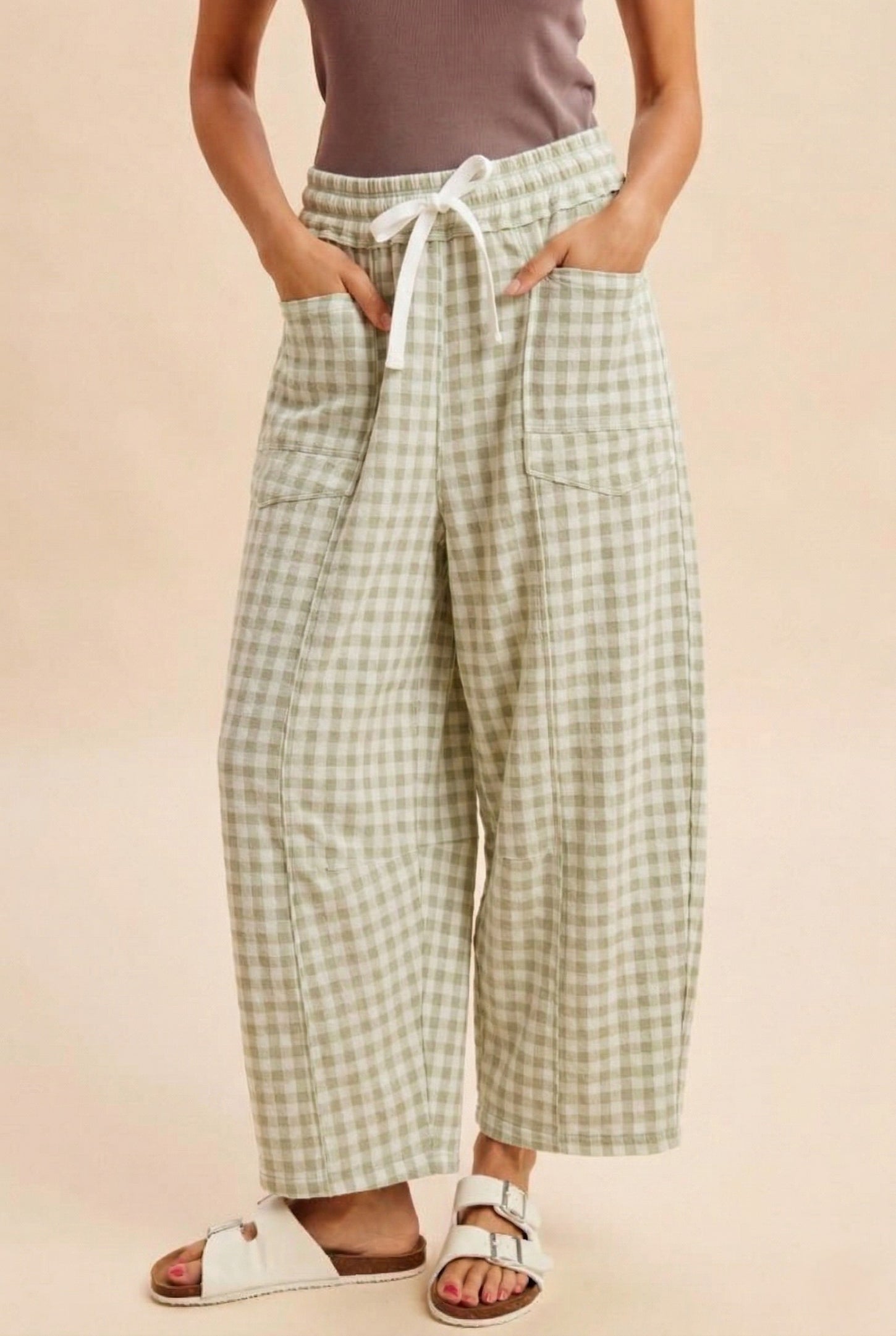Light Sage Gingham Barrel Leg Maternity Pants