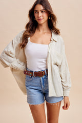 Sage Striped Oversized Sheer Linen Maternity Button Down