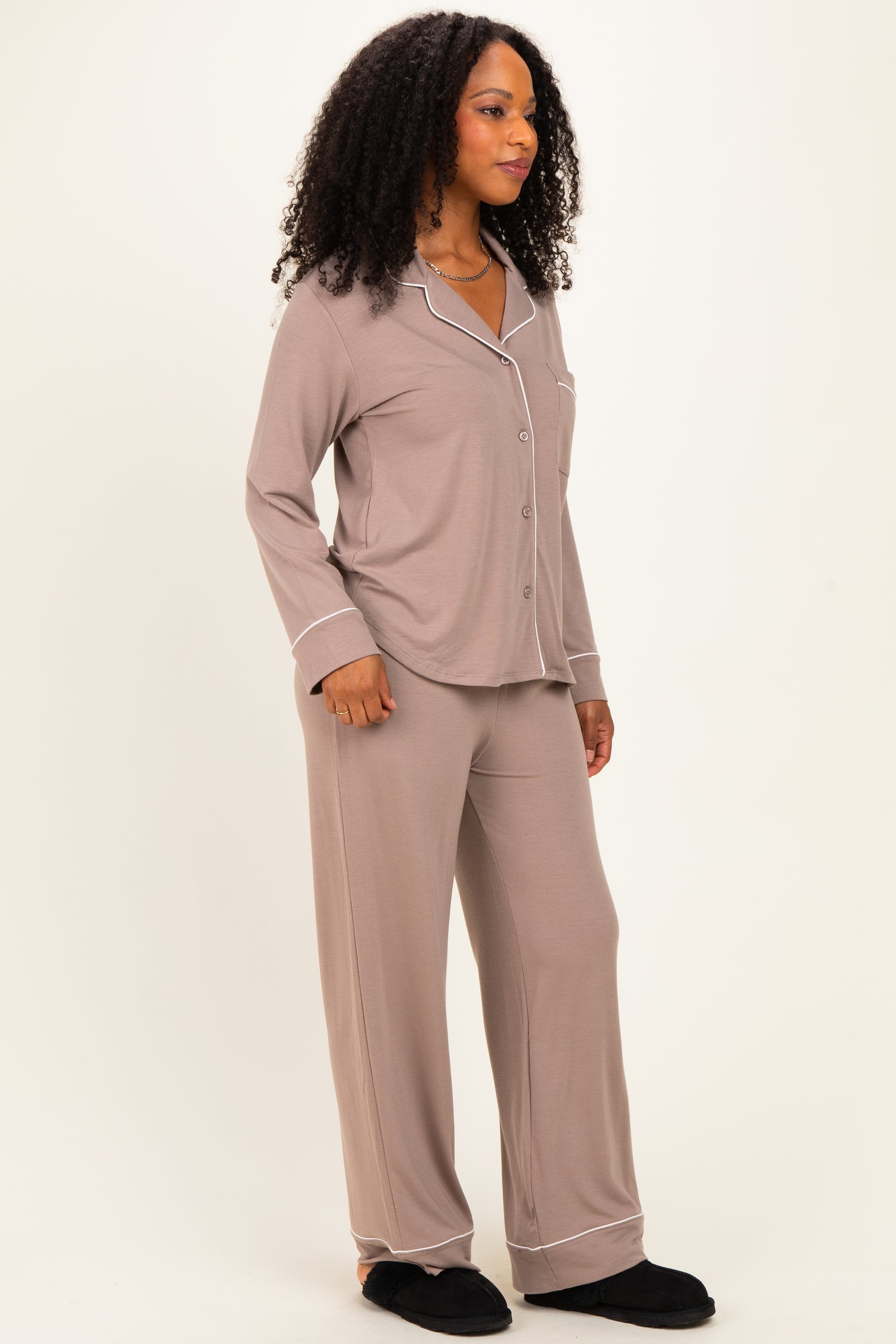 Cocoa Button Down Top Wide Leg Pant Pajama Set