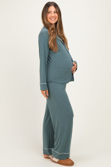Ash Jade Button Down Top Wide Leg Pant Maternity Pajama Set