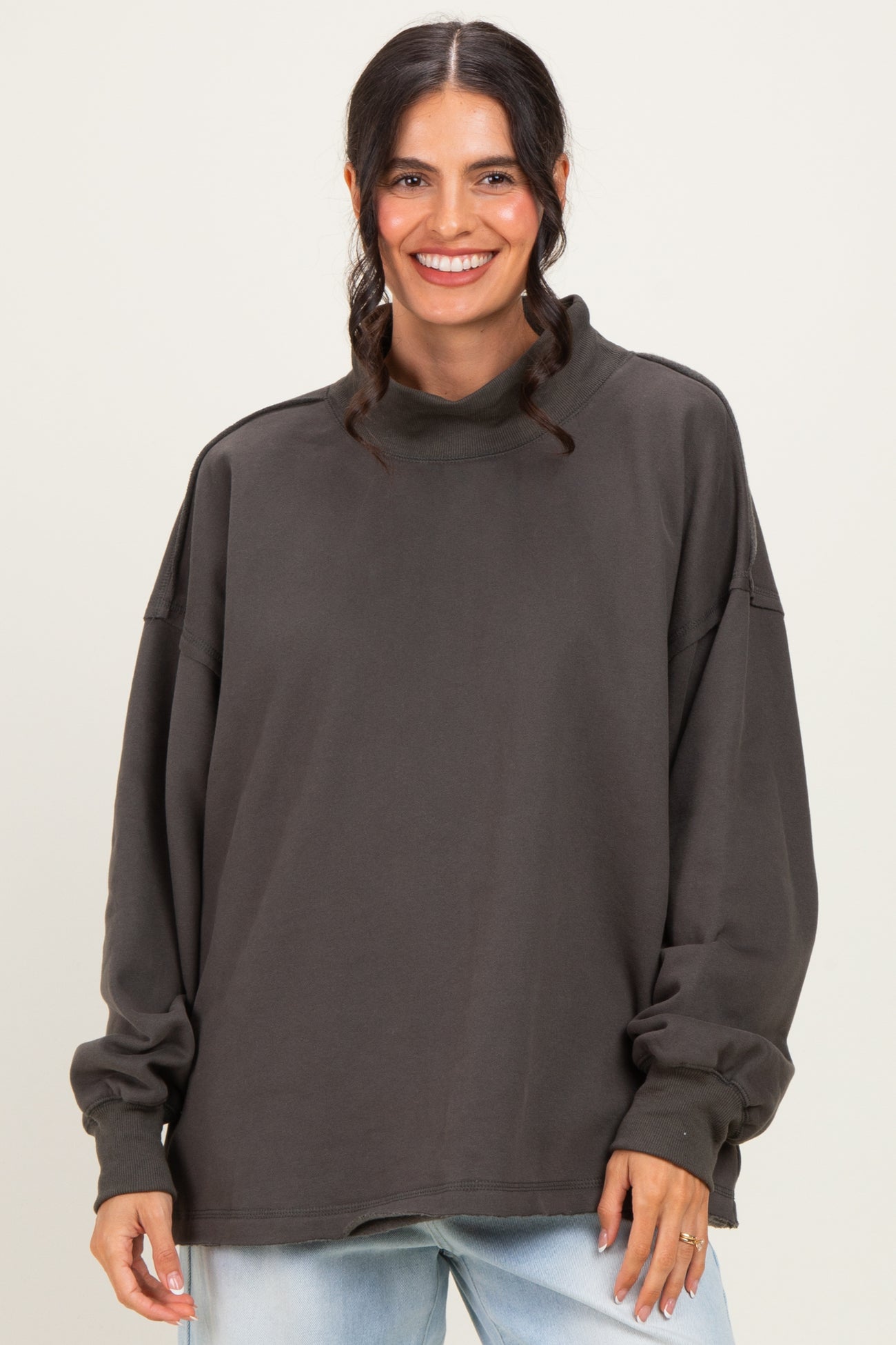 Charcoal Washed Oversized Mock Neck Maternity Sweatshirt