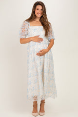 Light Blue Floral Mesh Overlay Tie Back Maternity Midi Dress