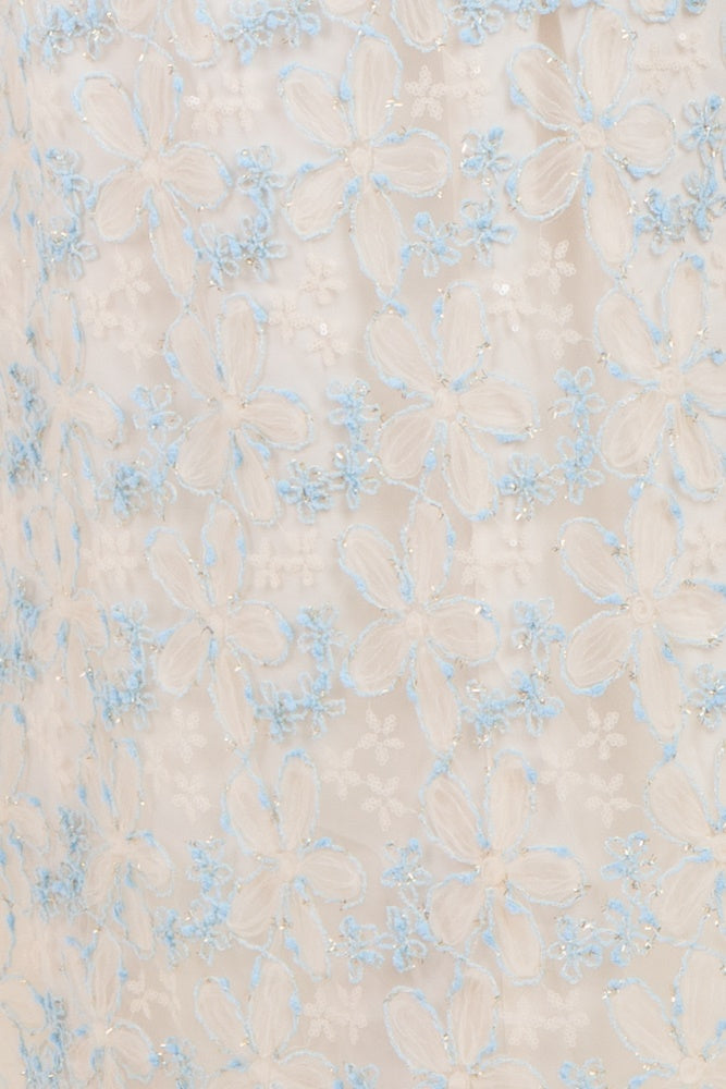 Light Blue Floral Mesh Overlay Tie Back Maternity Midi Dress