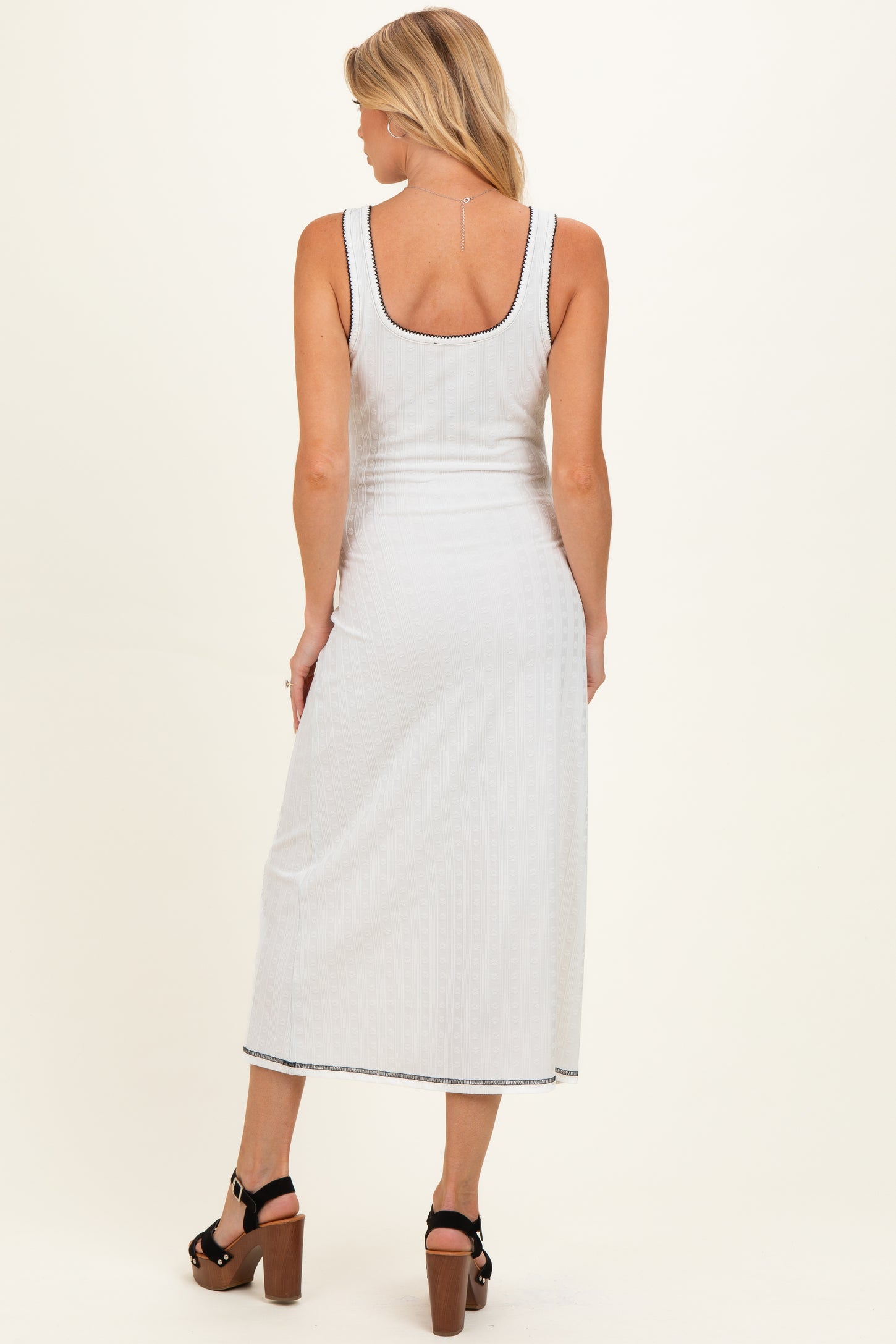 Off White Floral Textured Two Tone Rib Button Front Square Neck