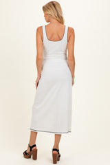 Off White Floral Textured Two Tone Rib Button Front Square Neck