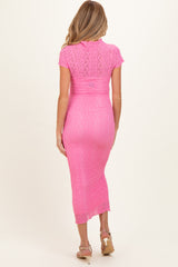 Pink Sheer Lace Overlay Short Sleeve Maternity Midi Dress