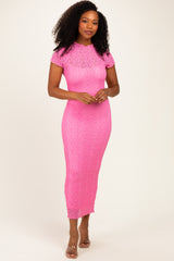 Pink Sheer Lace Overlay Short Sleeve Midi Dress