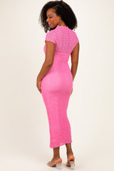 Pink Sheer Lace Overlay Short Sleeve Midi Dress