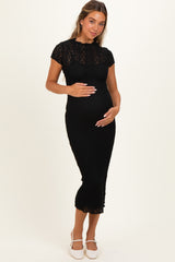 Black Sheer Lace Overlay Short Sleeve Maternity Midi Dress