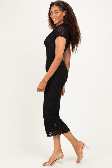 Black Sheer Lace Overlay Short Sleeve Midi Dress