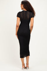 Black Sheer Lace Overlay Short Sleeve Midi Dress