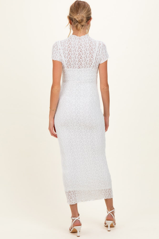 White Sheer Lace Overlay Short Sleeve Maternity Midi Dress