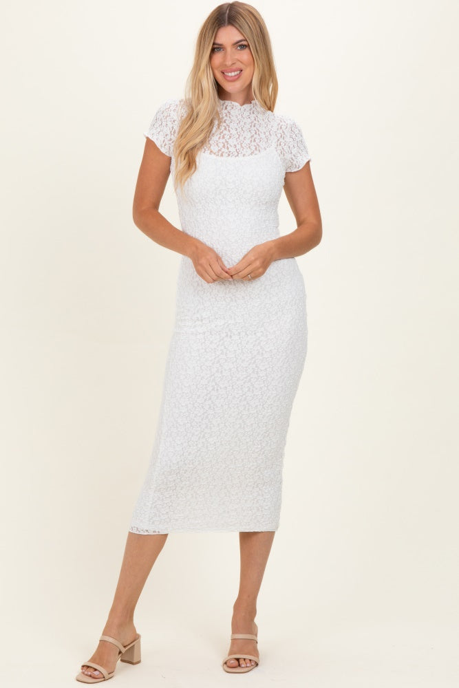 White Sheer Lace Overlay Short Sleeve Midi Dress