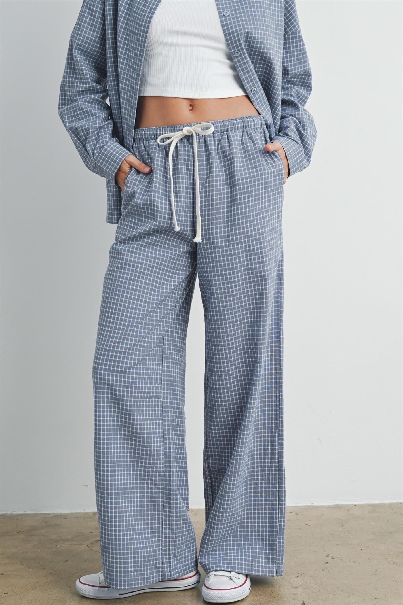 Blue Multi Drawstring Checkered Maternity Pants