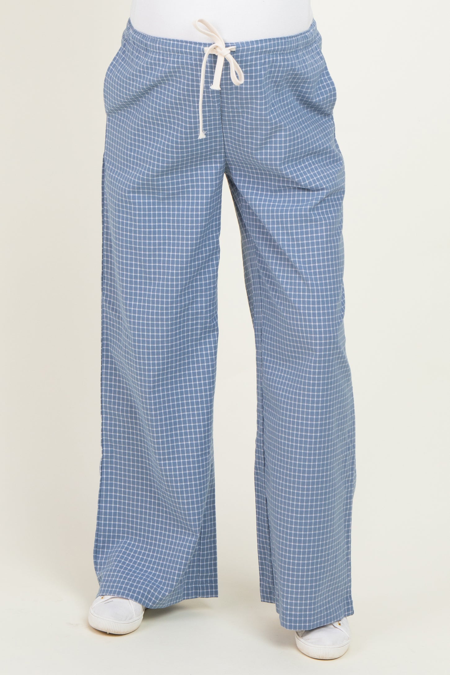 Blue Multi Drawstring Checkered Maternity Pants