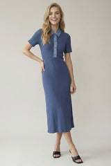 Dusty Navy Denim Contrast Collar Knit Midi Dress