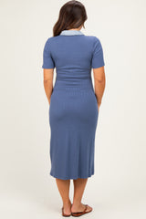 Dusty Navy Denim Contrast Collar Maternity Knit Midi Dress