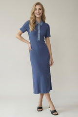 Dusty Navy Denim Contrast Collar Maternity Knit Midi Dress