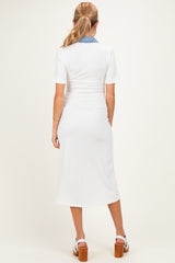 Off White Denim Contrast Collar Maternity Knit Midi Dress