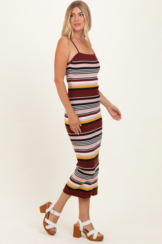 Burgundy Multi Stripe Knit Midi Dress