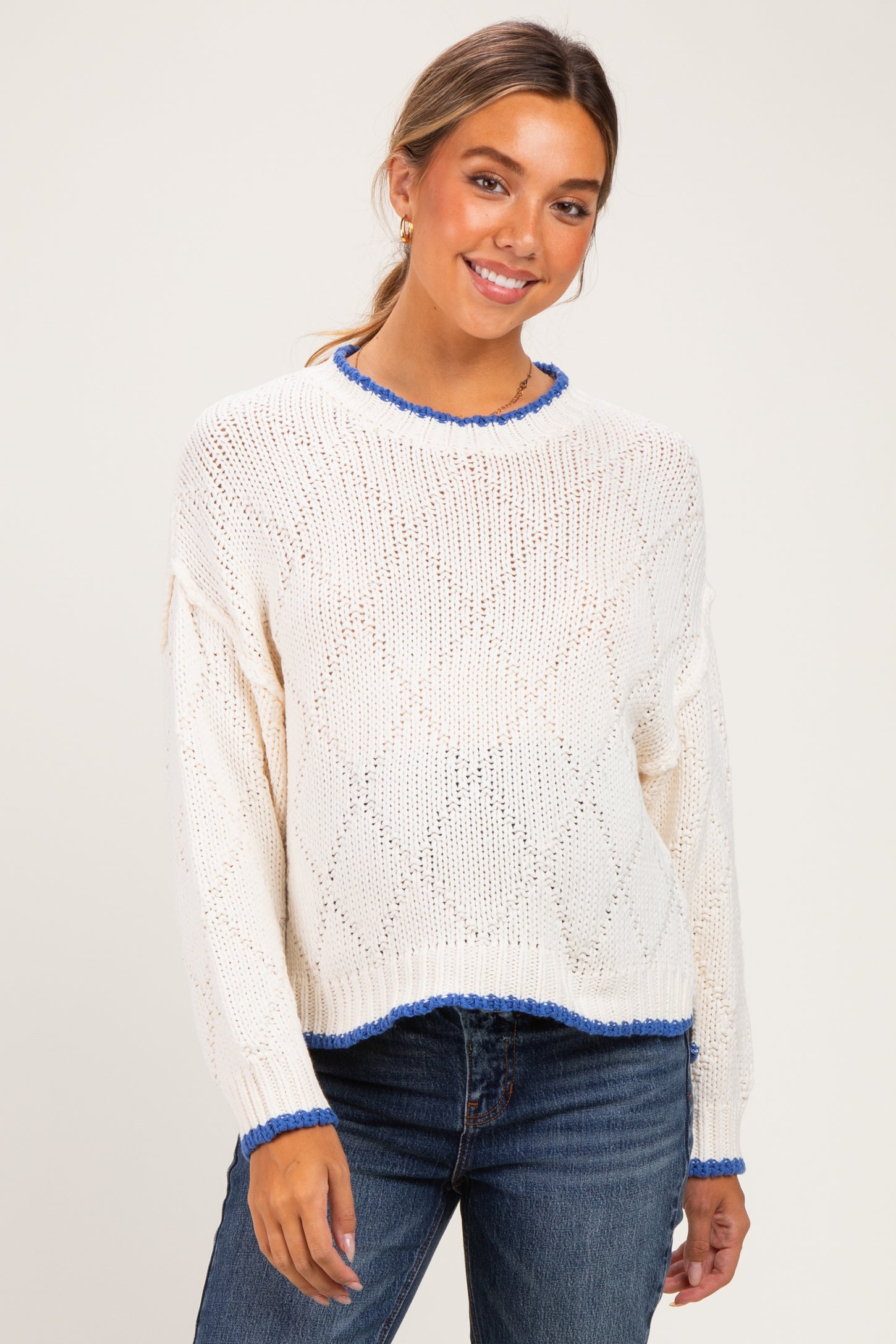 Cream Contrast Trim Pointelle Matenity Sweater
