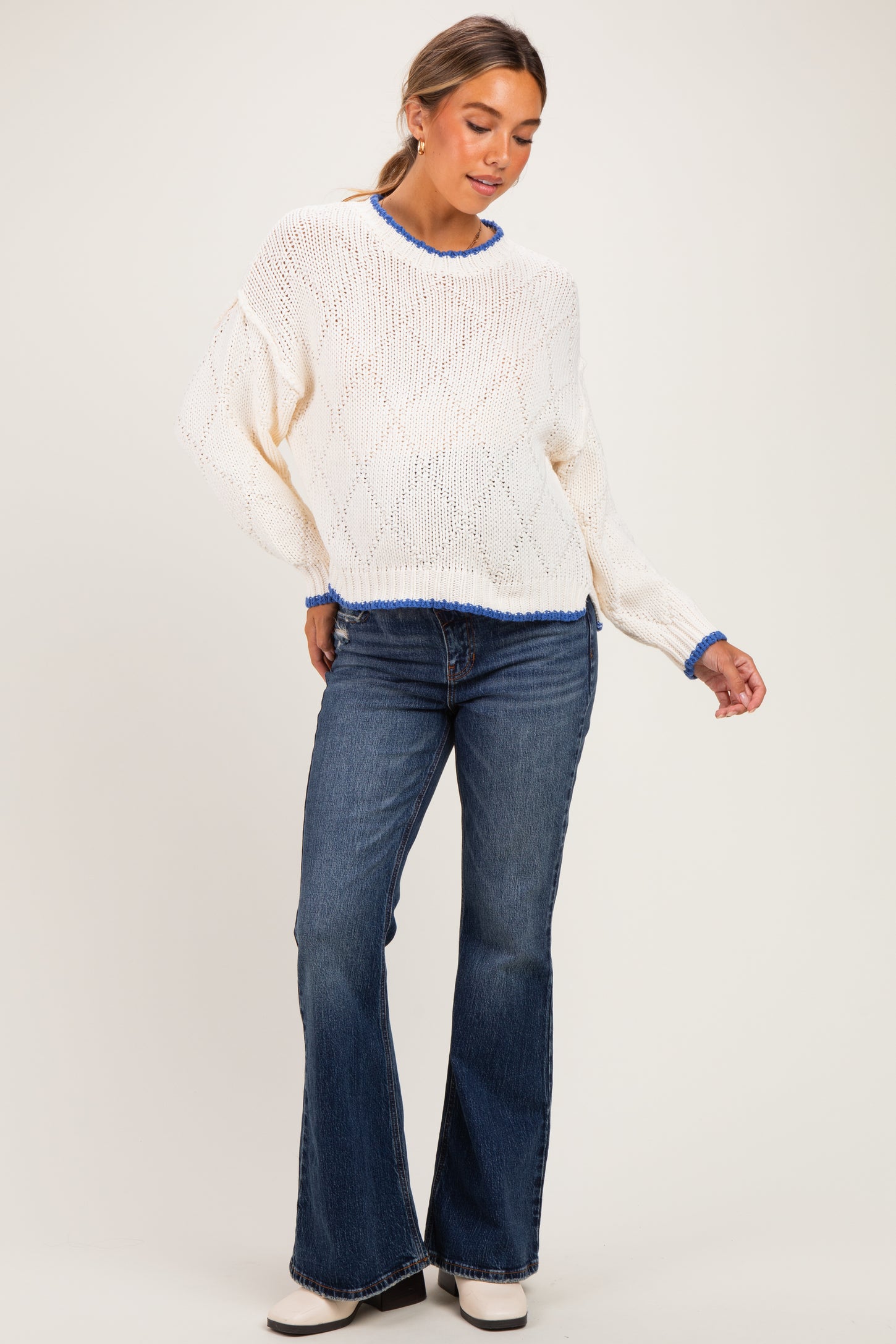 Cream Contrast Trim Pointelle Matenity Sweater