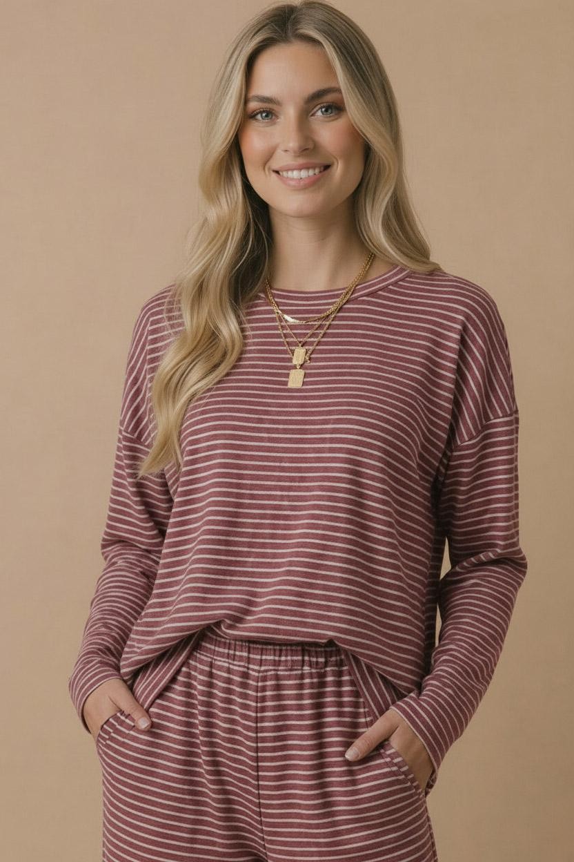 Burgundy Striped Oversized French Terry Maternity Top