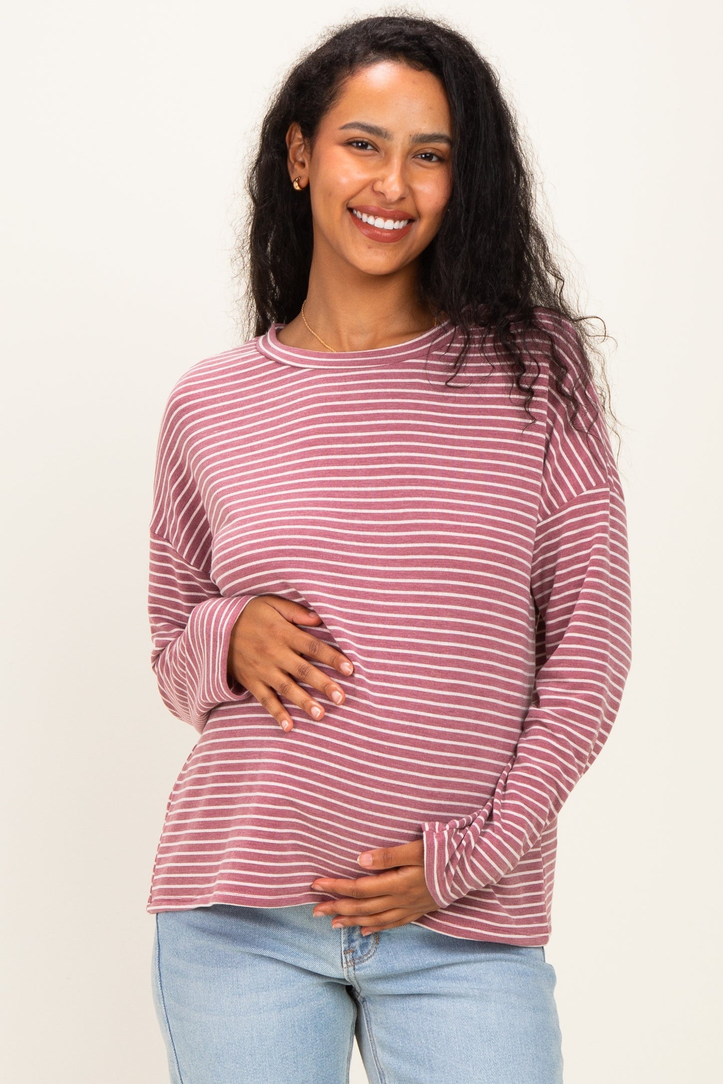 Burgundy Striped Oversized French Terry Maternity Top