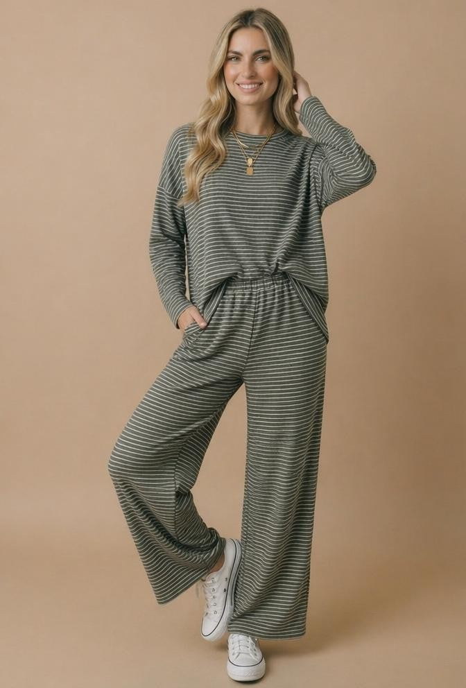 Olive Striped Oversized French Terry Top
