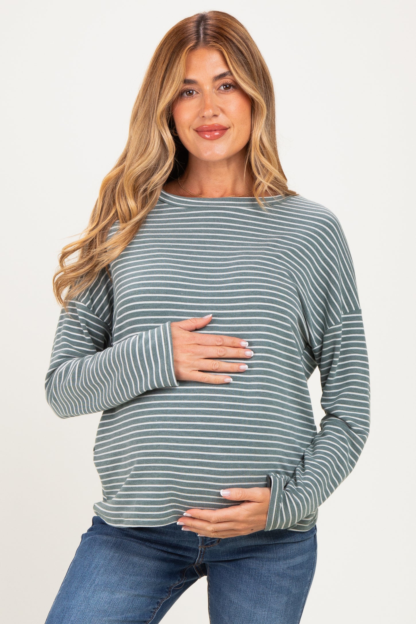 Olive Striped Oversized French Terry Maternity Top
