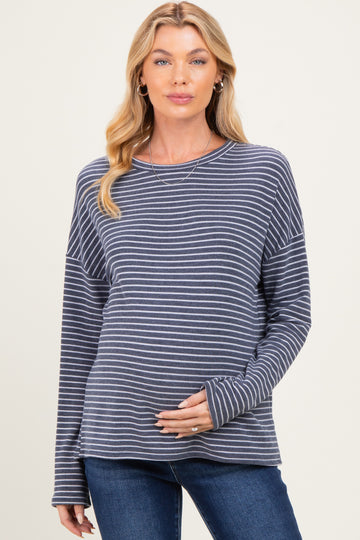 Navy Striped Oversized French Terry Maternity Top