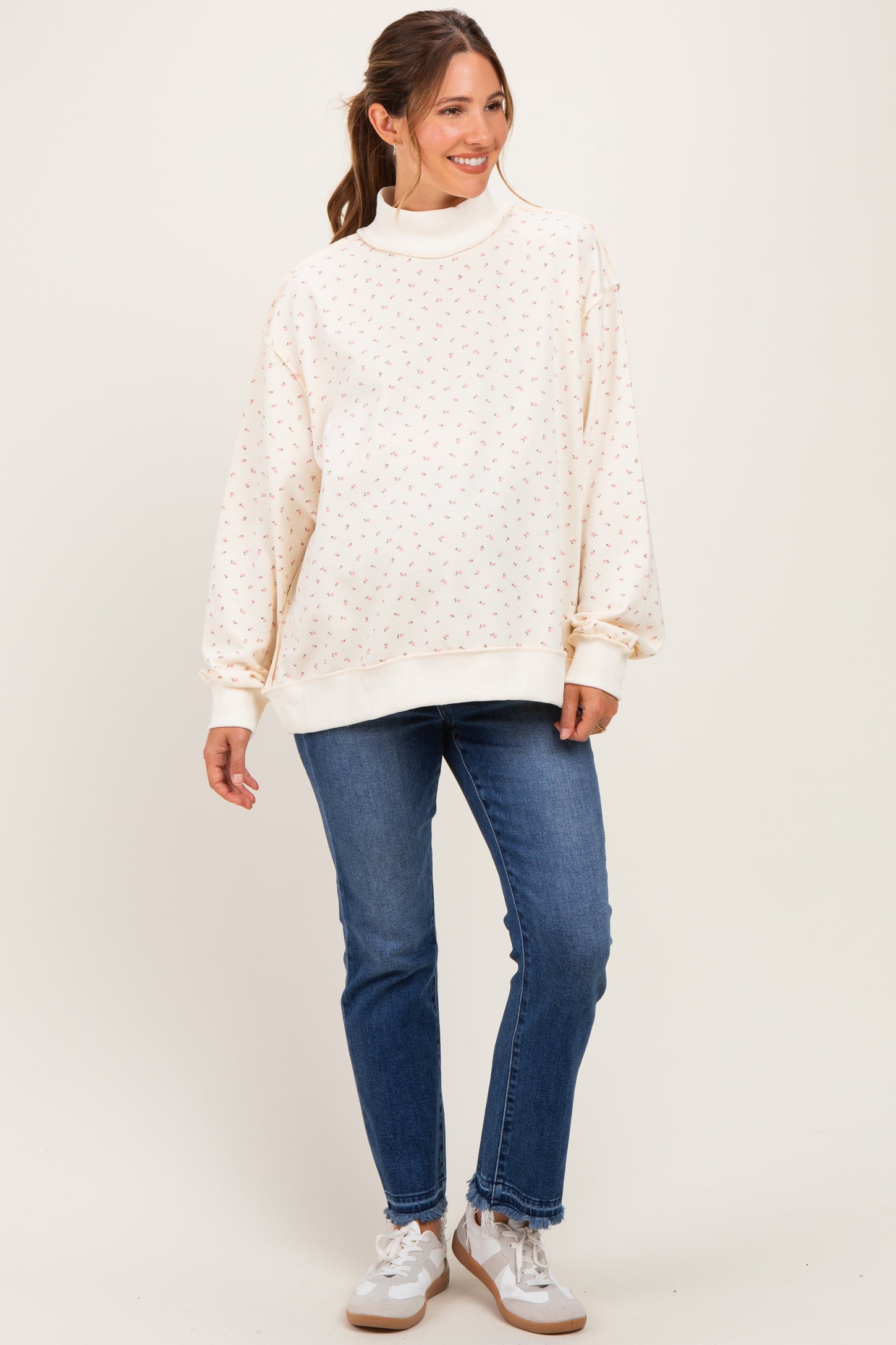 Cream Floral Mock Neck Drop Shoulder Maternity Pullover