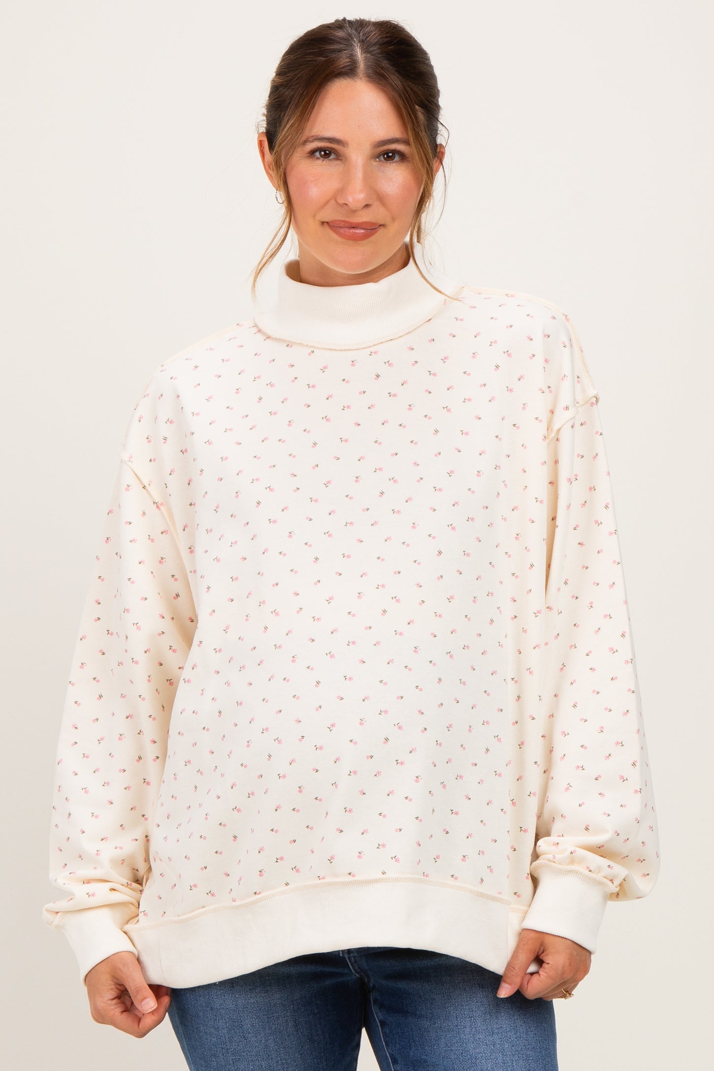 Cream Floral Mock Neck Drop Shoulder Maternity Pullover