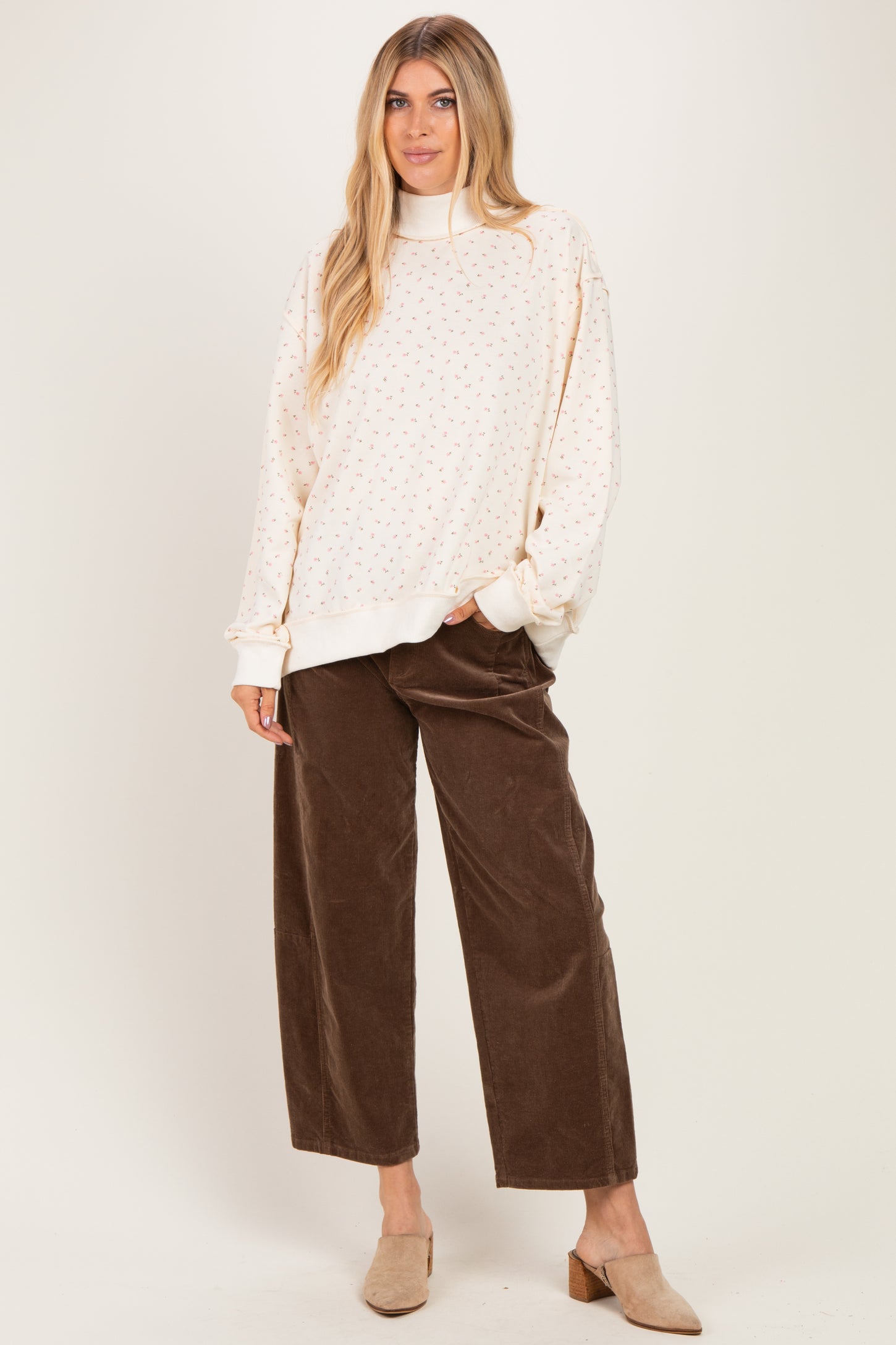 Cream Floral Mock Neck Drop Shoulder Pullover