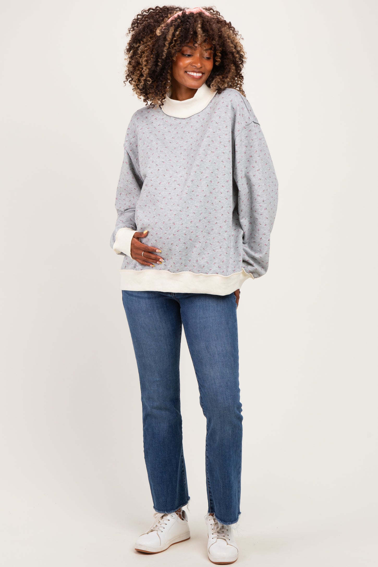 Heather Grey Floral Mock Neck Drop Shoulder Maternity Pullover