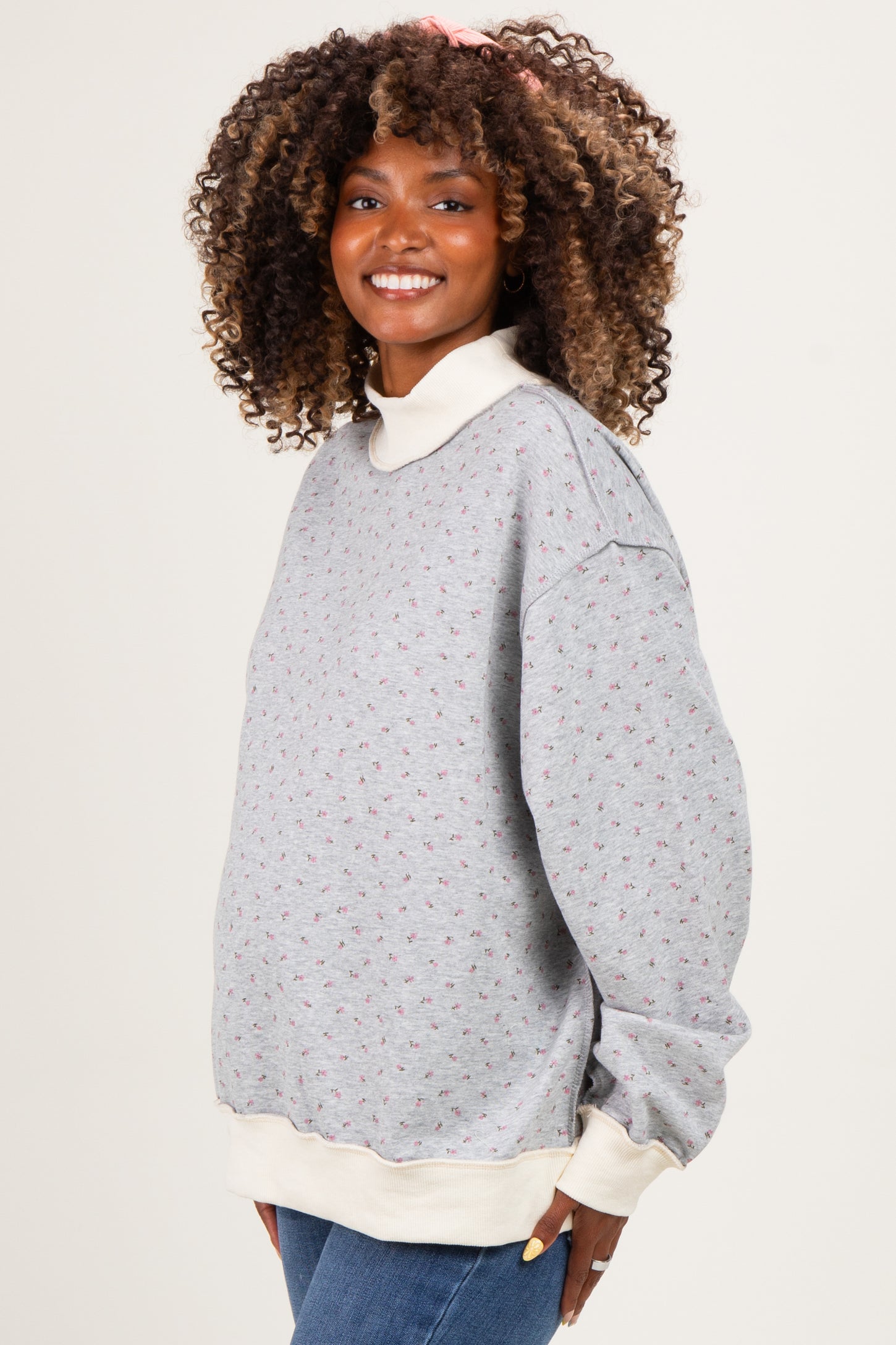 Heather Grey Floral Mock Neck Drop Shoulder Maternity Pullover