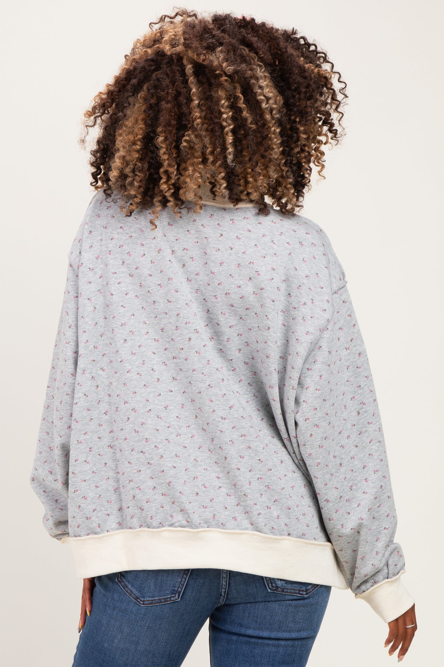 Heather Grey Floral Mock Neck Drop Shoulder Maternity Pullover