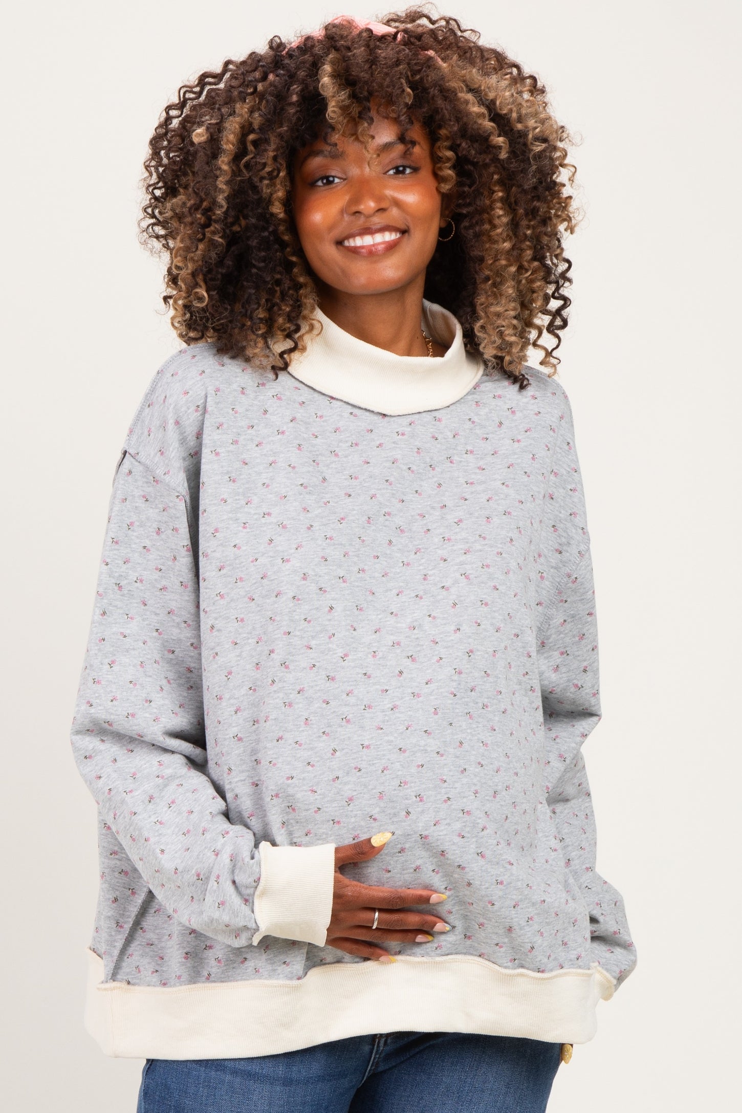 Heather Grey Floral Mock Neck Drop Shoulder Maternity Pullover