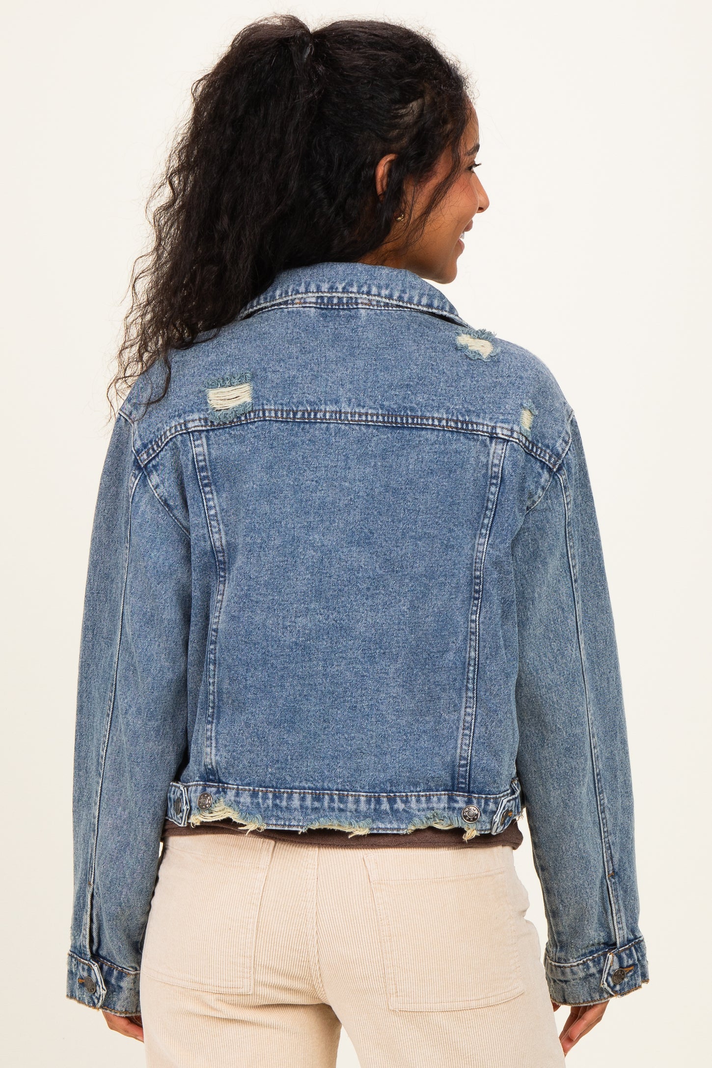 Medium Wash Distressed Maternity Denim Jacket