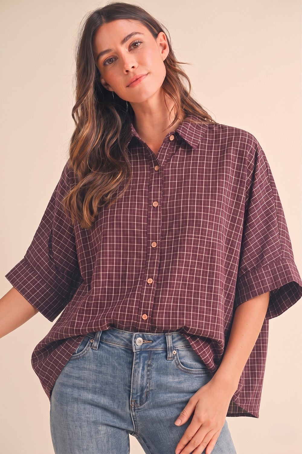 Merlot Oversized Check Plaid Maternity Button Down Shirt