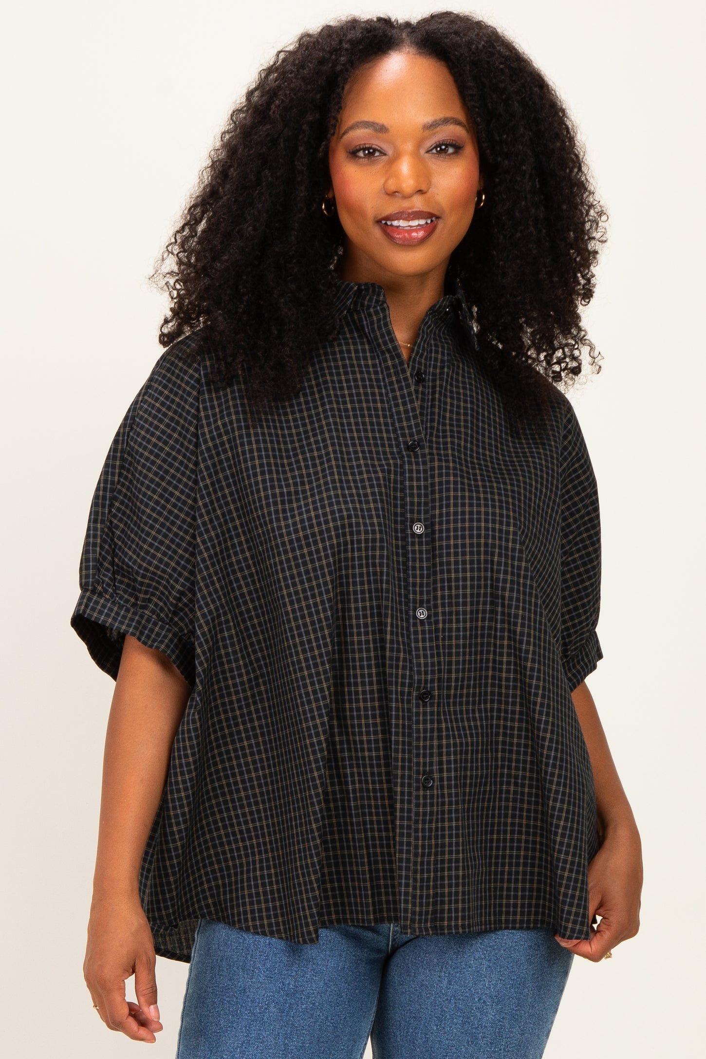 Midnight Oversized Check Plaid Maternity Button Down Shirt