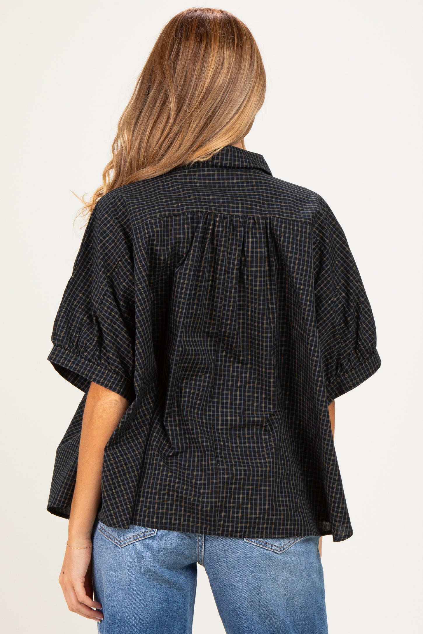 Midnight Oversized Check Plaid Maternity Button Down Shirt
