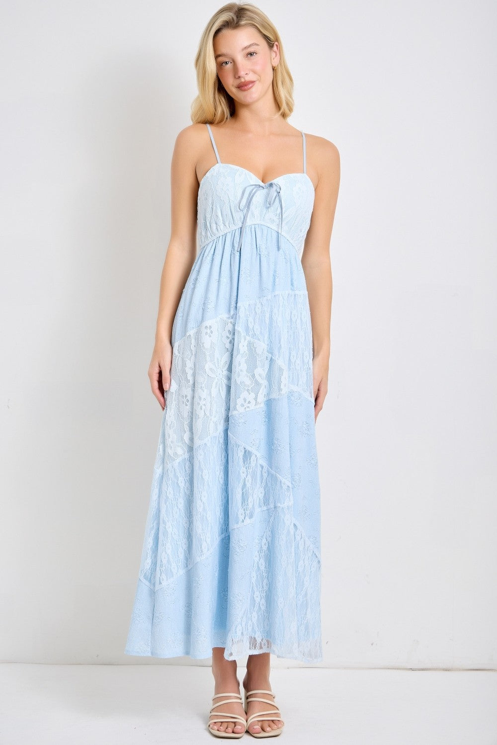 Light Blue Mixed Lace Sleeveless Midi Dress
