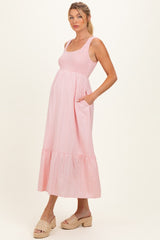 Pink Smocked Striped Sleeveless Maternity Maxi Dress