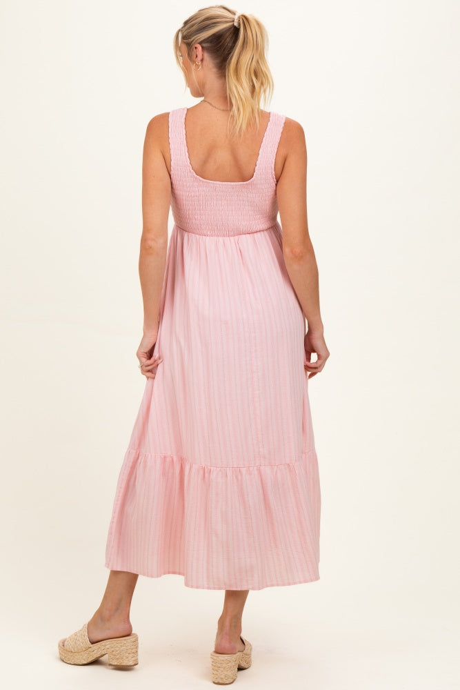 Pink Smocked Striped Sleeveless Maternity Maxi Dress