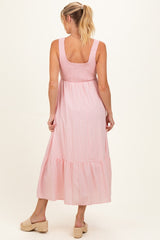 Pink Smocked Striped Sleeveless Maternity Maxi Dress