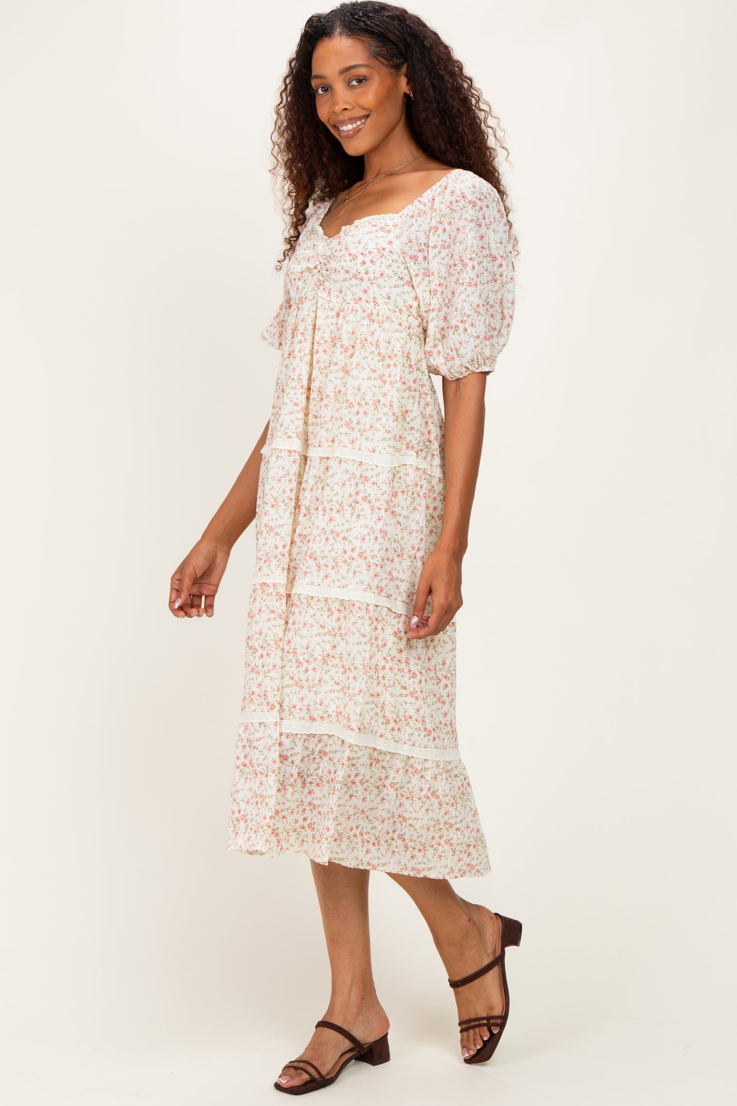Butter Floral Lace Trim Tiered Midi Dress